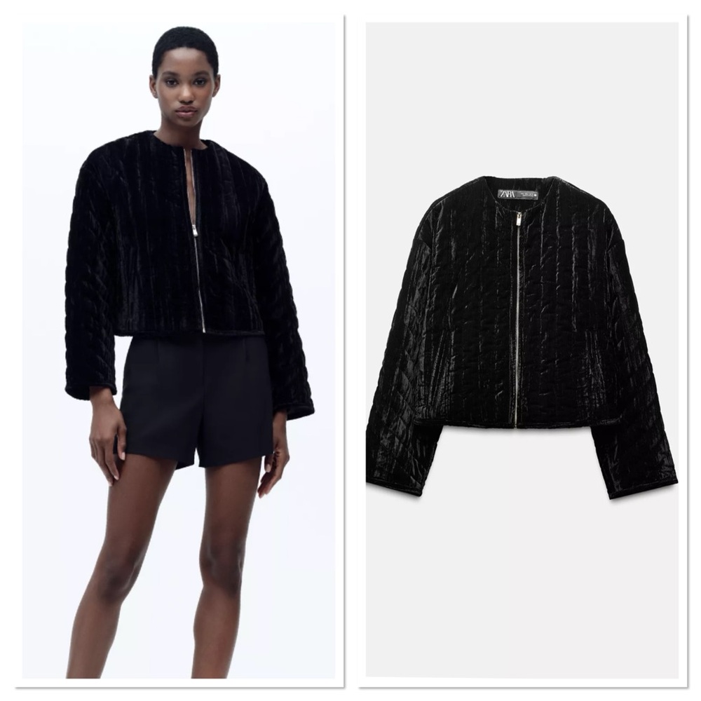 NWT Zara Quilted Velvet Front Front Zip Jacket Sz:XS Black